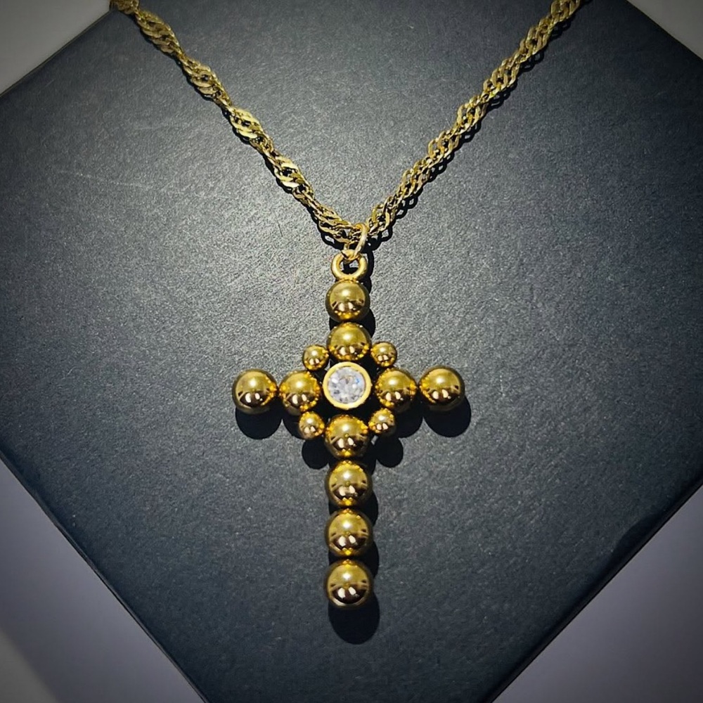 18k Gold Bubble Cross Water Wave Necklace